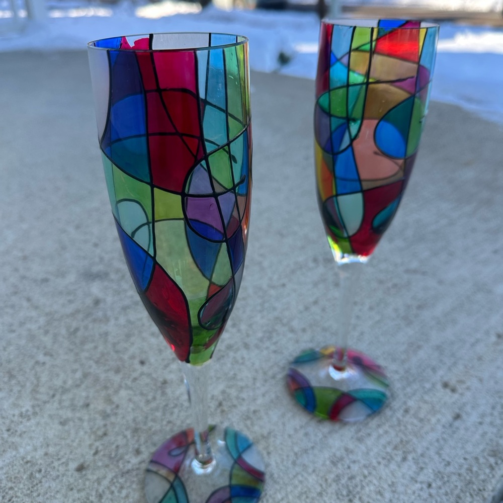 Vintage Mosaic Stained Champagne Wine Glass Set Of 2 Flutted 10” Multicolor